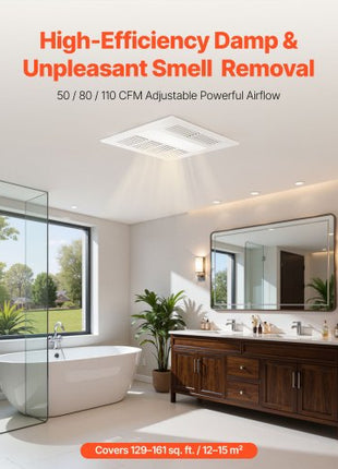 Bathroom Exhaust Fan with Light and Heater, 80-90-110 CFM 1500W Bathroom Vent, 1.5 Sones Low-Noise, Premium DC Motor Ceiling Fan for Laundry Room, Storage Room, Home Ventilation, White