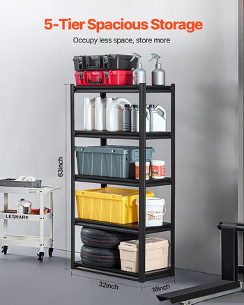 Storage Shelves, 2000 lbs, 5 Tier Garage Storage Shelving, 16" D x 32" W x 63" H Adjustable Metal Shelves for Garage Shelves Utility Rack Shelf, Ideal for Kitchen, Warehouse, Basement, Black