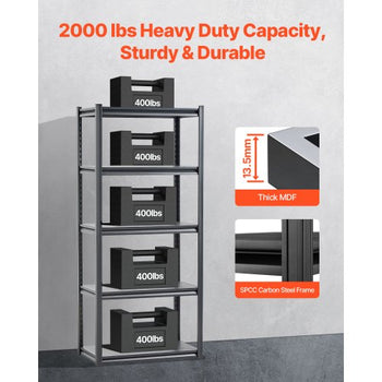 Storage Shelves, 2000 lbs, 5 Tier Garage Storage Shelving, 18" D x 32" W x 72" H Adjustable Metal Shelves for Garage Shelves Utility Rack Shelf, Ideal for Kitchen, Warehouse, Basement, Black