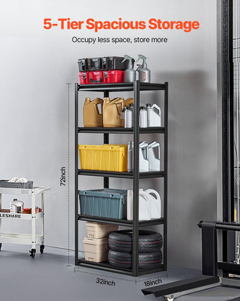 Storage Shelves, 2000 lbs, 5 Tier Garage Storage Shelving, 18" D x 32" W x 72" H Adjustable Metal Shelves for Garage Shelves Utility Rack Shelf, Ideal for Kitchen, Warehouse, Basement, Black