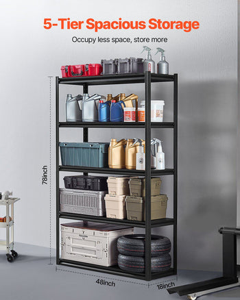 Storage Shelves, 3000 lbs, 5 Tier Garage Storage Shelving, 18" D x 48" W x 78" H Adjustable Metal Shelves for Garage Shelves Utility Rack Shelf, Ideal for Kitchen, Warehouse, Basement, Black