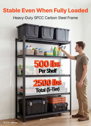 Storage Shelves, 5-Tier Adjustable, 2500 lbs Capacity, Heavy Duty Garage Storage Shelving Unit, Metal Utility Rack Shelf, for Garage Warehouse Basement Kitchen, 48.43" W x 18.31" D x 71.38" H