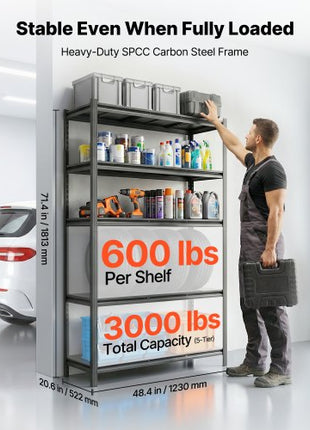 Storage Shelves, 5-Tier Adjustable, 3000 lbs Capacity, Heavy Duty Garage Storage Shelving Unit, Metal Utility Rack Shelf, for Garage Workshop Warehouse Basement, 48.43" W x 20.55" D x 71.38" H