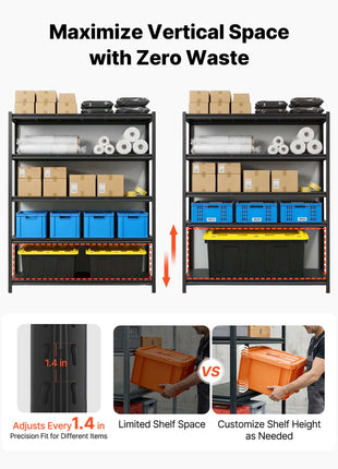 Storage Shelves, 5-Tier Adjustable, 3000 lbs Capacity, Heavy Duty Garage Storage Shelving Unit, Metal Utility Rack Shelf, for Garage Workshop Warehouse Basement, 59.49" W x 20.55" D x 71.38" H