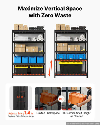 Storage Shelves, 5-Tier Adjustable, 3000 lbs Capacity, Heavy Duty Garage Storage Shelving Unit, Metal Utility Rack Shelf, for Garage Workshop Warehouse Basement, 48.43" W x 24.53" D x 71.38" H