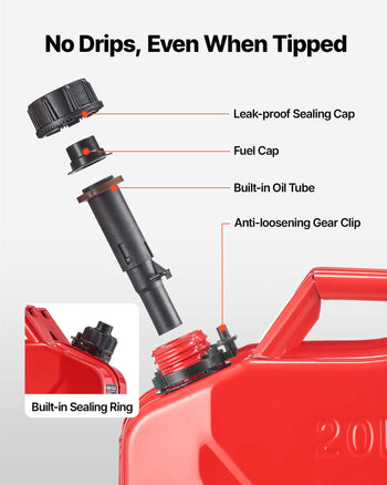 Newly Upgraded Oil-Tight！ Metal Fuel Container, 5.3 Gallon, Fuel Jerry Can with Spout and Comfort Handle, 6 L/min Max Flow Rate, Leakproof & Corrosion-resistant Metal Gas Tank Most Cars Motorcycle ATV UTV, Red