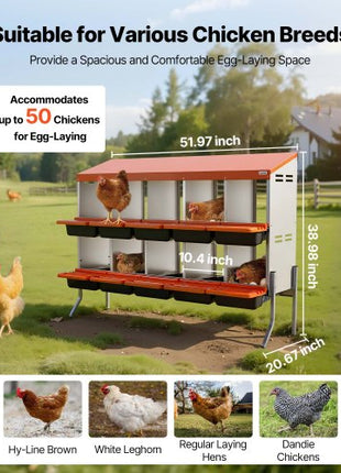 VEVOR Chicken Nesting Boxes, 10 Compartments, with Support Legs, Easy Egg Collection, Galvanized Steel and High-Strength Plastic, Roll Away Nesting Boxes for Chickens and Hens Laying Eggs, Orange