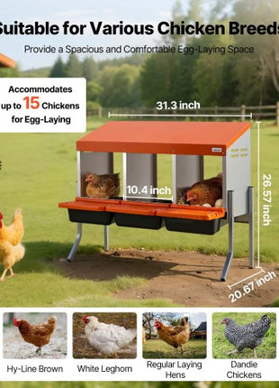 Chicken Nesting Boxes, 3 Compartments, with Support Legs, Easy Egg Collection, Galvanized Steel and High-Strength Plastic, Roll Away Nesting Boxes for Chickens and Hens Laying Eggs, Orange