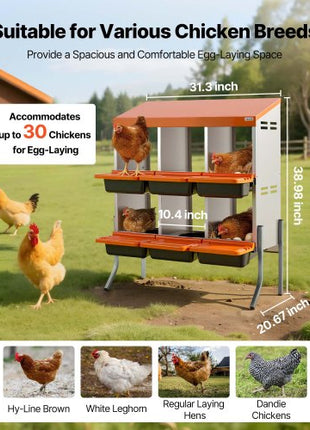 Chicken Nesting Boxes, 6 Compartments, with Support Legs, Easy Egg Collection, Galvanized Steel and High-Strength Plastic, Roll Away Nesting Boxes for Chickens and Hens Laying Eggs, Orange