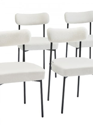 Boucle Dining Chairs Set of 4, Mid Century Modern Sherpa Accent Chairs, Upholstered Side Chair for Dining Table, Space-Saving White Kitchen Table Chair with Curved Backrest and Black Metal Legs