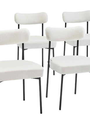 Boucle Dining Chairs Set of 4, Mid Century Modern Sherpa Accent Chairs, Upholstered Side Chair for Dining Table, Space-Saving White Kitchen Table Chair with Curved Backrest and Black Metal Legs