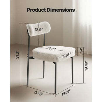Boucle Dining Chairs Set of 2, Mid Century Modern Sherpa Accent Chairs, Upholstered Side Chair for Dining Table, Space-Saving White Kitchen Table Chair with Curved Backrest and Black Metal Legs