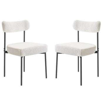 Boucle Dining Chairs Set of 2, Mid Century Modern Sherpa Accent Chairs, Upholstered Side Chair for Dining Table, Space-Saving White Kitchen Table Chair with Curved Backrest and Black Metal Legs