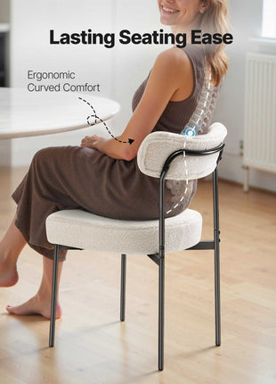 Boucle Dining Chairs Set of 2, Mid Century Modern Sherpa Accent Chairs, Upholstered Side Chair for Dining Table, Space-Saving White Kitchen Table Chair with Curved Backrest and Black Metal Legs