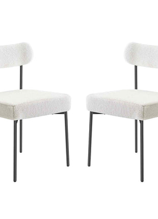 Boucle Dining Chairs Set of 2, Mid Century Modern Sherpa Accent Chairs, Upholstered Side Chair for Dining Table, Space-Saving White Kitchen Table Chair with Curved Backrest and Black Metal Legs