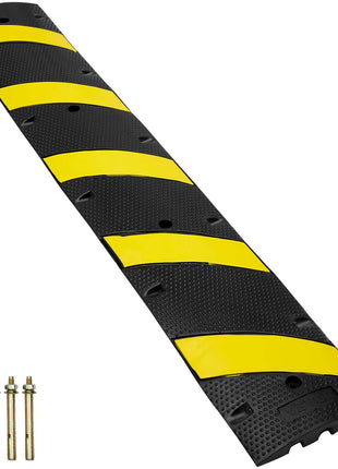 Black rubber speed bump with yellow reflective stripes, ideal for traffic control and safety measures. Includes mounting hardware.