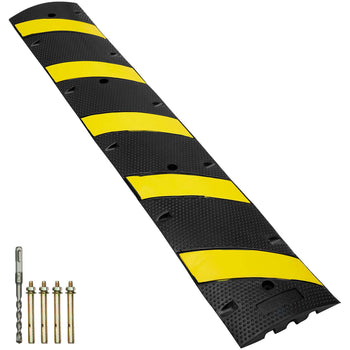 Black rubber speed bump with yellow reflective stripes, ideal for traffic control and safety measures. Includes mounting hardware.