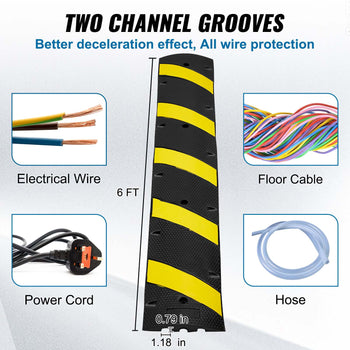 Black and yellow rubber cable protector, 6 ft long, featuring two channel grooves for electrical and power cord protection.
