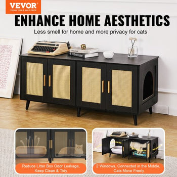 Cat Litter Box Enclosure for 2 Cats, Litter Box Furniture Hidden with Rattan Decorated Doors, Wooden Cat Box Cabinet Fit Most of Litter Box, 47.2"L x 19.7"W x 21.7"H, Black