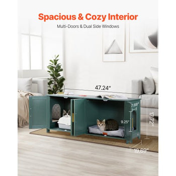 Cat Litter Box Enclosure for Multi Cats, 47.2 in Hidden Litter Box Cabinet with 4 Rattan Doors & 2 Entries, Indoor Cat Washroom, Wooden Kitty House Furniture, Fit Most Litterboxes, Green