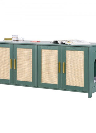 Cat Litter Box Enclosure for Multi Cats, 47.2 in Hidden Litter Box Cabinet with 4 Rattan Doors & 2 Entries, Indoor Cat Washroom, Wooden Kitty House Furniture, Fit Most Litterboxes, Green