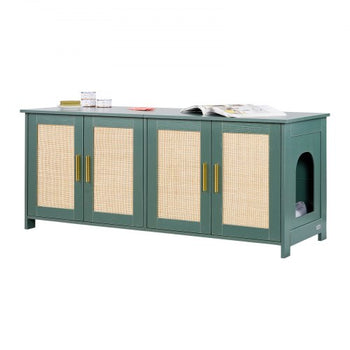 Cat Litter Box Enclosure for Multi Cats, 47.2 in Hidden Litter Box Cabinet with 4 Rattan Doors & 2 Entries, Indoor Cat Washroom, Wooden Kitty House Furniture, Fit Most Litterboxes, Green