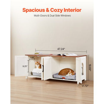 Cat Litter Box Enclosure for Multi Cats, 47.2 in Hidden Litter Box Cabinet with 4 Doors & 2 Entries, Indoor Cat Washroom, Wooden Kitty House Furniture, Fit Most Litterboxes, Brown & White