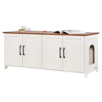 Cat Litter Box Enclosure for Multi Cats, 47.2 in Hidden Litter Box Cabinet with 4 Doors & 2 Entries, Indoor Cat Washroom, Wooden Kitty House Furniture, Fit Most Litterboxes, Brown & White