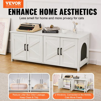 Cat Litter Box Enclosure for 2 Cats, Litter Box Furniture Hidden with Double Rooms, Wooden Cat Box Cabinet Fit Most of Litter Box, 47.2"L x 18.5"W x 19.7"H, White