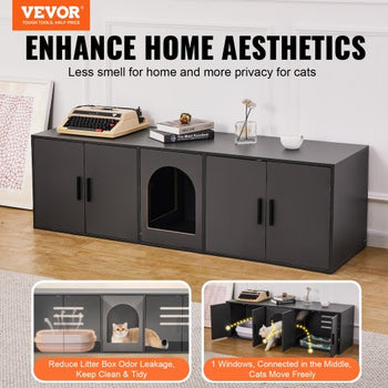 Cat Litter Box Enclosure for 2 Cats, Litter Box Furniture Hidden with Double Rooms, Wooden Cat Box Cabinet Fit Most of Litter Box, 57.9"L x 18.3"W  x 17.9"H, Black