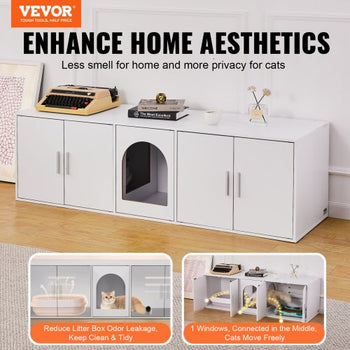 Cat Litter Box Enclosure for 2 Cats, Litter Box Furniture Hidden with Double Rooms, Wooden Cat Box Cabinet Fit Most of Litter Box, 57.9"L x 18.3"W  x 17.9"H, White