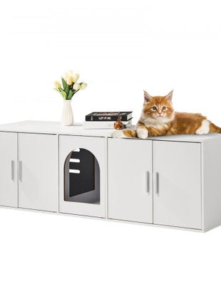 Cat Litter Box Enclosure for 2 Cats, Litter Box Furniture Hidden with Double Rooms, Wooden Cat Box Cabinet Fit Most of Litter Box, 57.9"L x 18.3"W  x 17.9"H, White