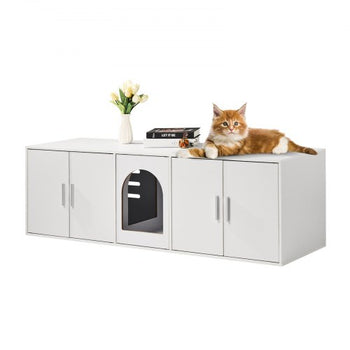 Cat Litter Box Enclosure for 2 Cats, Litter Box Furniture Hidden with Double Rooms, Wooden Cat Box Cabinet Fit Most of Litter Box, 57.9"L x 18.3"W  x 17.9"H, White