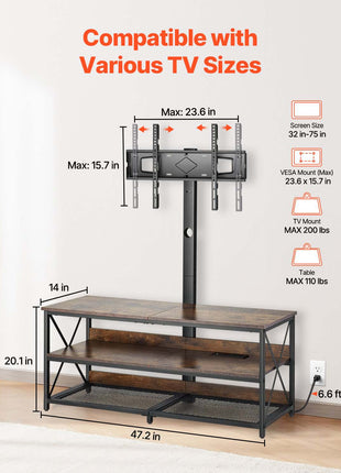 48" TV Stand with Mount for up to 75 in TVs, Entertainment Center with Power Outlet, Height Adjustable TV Console with Mount with 3 Tiers Open Storage Cabinets for Bedroom, Living Room, Browm