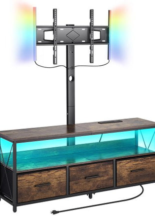 52" TV Stand with Mount for up to 75 in TVs, Entertainment Center with Power Outlet & LED Lights, Height Adjustable TV Console with Mount with 3 Drawers for Bedroom, Living Room, Brown