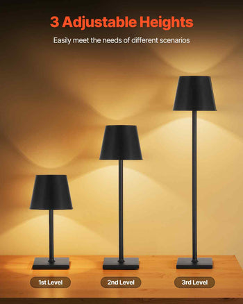 Cordless Table Lamp, 2-Pack, 5200mAh Built-in Rechargeable Battery Desk Lamp, Stepless Dimming Up, 3 Adjustable Heights, Detachable Lampshade for Bottle, Restaurant, Bedroom, Outdoor, Black