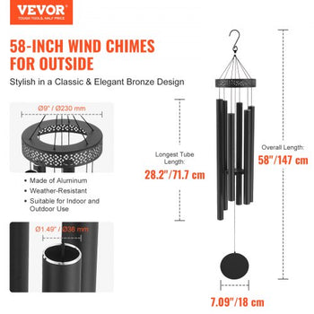 Wind Chimes for Outside, 58 in, Deep Tone Wind Chimes with 6 Tubes, Unique Large Memorial Wind Chimes for Anniversary, Amazing Outdoor Decor for Your Patio, Porch, Garden and Backyard, Black