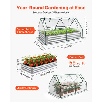 Raised Garden Bed with Cover, 6 x 3 x 1 ft, Rectangular Galvanized Metal Planter Box Kit Outdoor, with PE Greenhouse Cover & Gloves, Rustproof Alu-Zinc, for Growing Flowers Vegetables, Silver