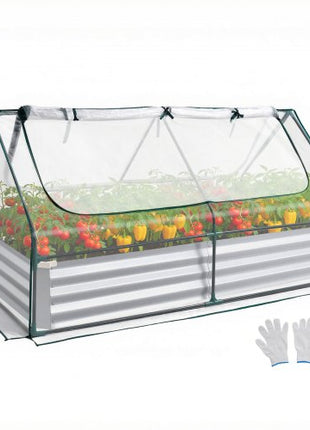 Raised Garden Bed with Cover, 6 x 3 x 1 ft, Rectangular Galvanized Metal Planter Box Kit Outdoor, with PE Greenhouse Cover & Gloves, Rustproof Alu-Zinc, for Growing Flowers Vegetables, Silver