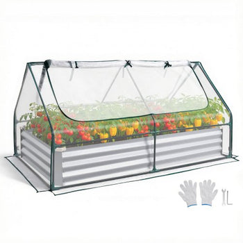 Raised Garden Bed with Cover, 6 x 3 x 1 ft, Rectangular Galvanized Metal Planter Box Kit Outdoor, with PE Greenhouse Cover & Gloves, Rustproof Alu-Zinc, for Growing Flowers Vegetables, Silver