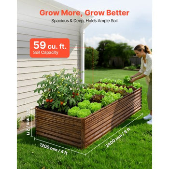 Galvanized Raised Garden Bed, 8 x 4 x 2 ft, Rectangular Metal Planter Box Kit Outdoor, Bottomless Elevated Planting Box with Gloves, Alu-Zinc, for Growing Flowers Vegetables, Deep Wood Grain