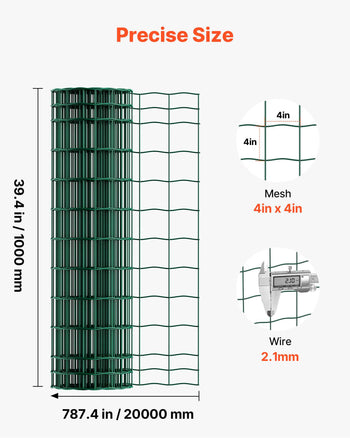 Farm Fence, 39 x 787 in, 4 x 4 in Mesh 2.1mm Galvanized Steel Wire Fencing for Cattle, Hog & Sheep, Heavy Duty Vinyl Coated Livestock Fence for Animal Enclosures, Cage Wire, Garden Fences, Green