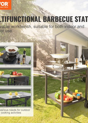Outdoor Grill Dining Cart with Double-Shelf, BBQ Movable Food Prep Table, Multifunctional Foldable Iron Table Top, Portable Modular Carts for Pizza Oven, Worktable with 2 Wheels, Carry Handle