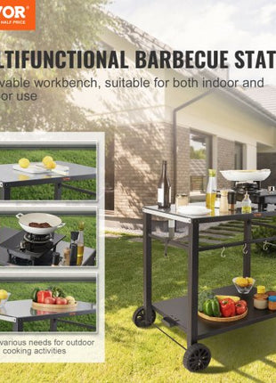 Outdoor Grill Dining Cart with Double-Shelf, BBQ Movable Food Prep Table, Multifunctional Iron Table Top, Portable Modular Carts for Pizza Oven, Worktable with 2 Wheels, Carry Handle, Black