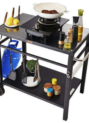 Outdoor Grill Dining Cart with Double-Shelf, BBQ Movable Food Prep Table, Multifunctional Iron Table Top, Portable Modular Carts for Pizza Oven, Worktable with 2 Wheels, Carry Handle, Black