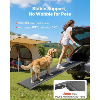 Dog Ramp for Cars, 63" L x 17" W, Folding Pet Ramps for Medium & Large Dogs up to 250lbs, Pet Stair Ramp with Non-Slip Oxford Fabric Surface, Portable Outdoor Dog Car Ramps for SUV & Truck