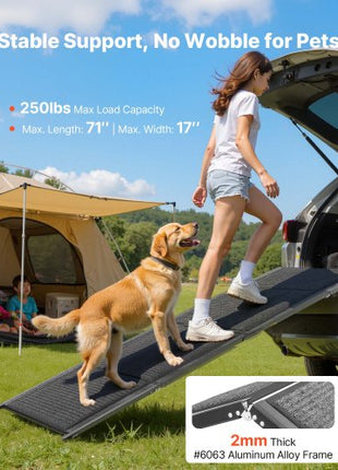 Dog Ramp for Cars, 71" L x 17" W, Folding Pet Ramps for Medium & Large Dogs up to 250lbs, Pet Stair Ramp with Non-Slip Felt Rug Surface, Portable Outdoor Dog Car Ramps for SUV & Truck