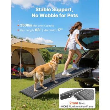 Dog Ramp for Cars, 63" L x 17" W, Folding Pet Ramps for Medium & Large Dogs up to 250lbs, Pet Stair Ramp with Non-Slip Felt Rug Surface, Portable Outdoor Dog Car Ramps for SUV & Truck