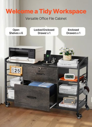2 Drawers Metal File Cabinet, Lateral Filing Cabinet with Lock and 6 Open Shelves, Wooden Wide Filing Storage Cabinets with Power Strip for Letter, A4, Legal Size File, Easy Assembly, Gray