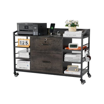 2 Drawers Metal File Cabinet, Lateral Filing Cabinet with Lock and 6 Open Shelves, Wooden Wide Filing Storage Cabinets with Power Strip for Letter, A4, Legal Size File, Easy Assembly, Gray
